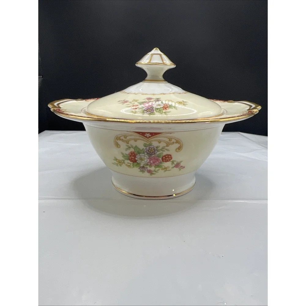 Vintage Noritake Covered Sugar Bowl M Wreath Gold Maroon Floral 1930s Japan